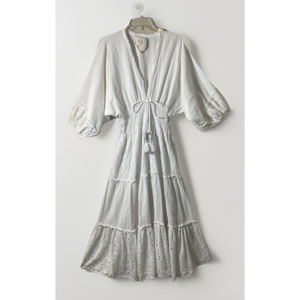 Z And L White Lace Eyelet Tiered Tasseled Maxi Dress Women's XL Boho Summer